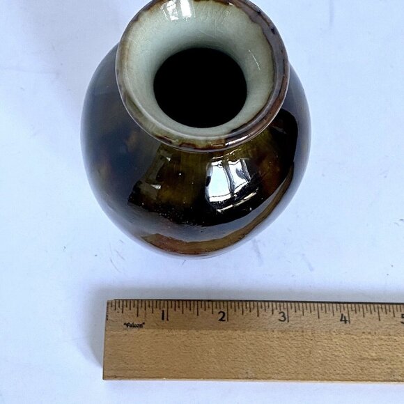 Studio Art Pottery Flower Vase Moss Green Wine Red Brown Crackle Glaze 5.75” - Picture 8 of 8